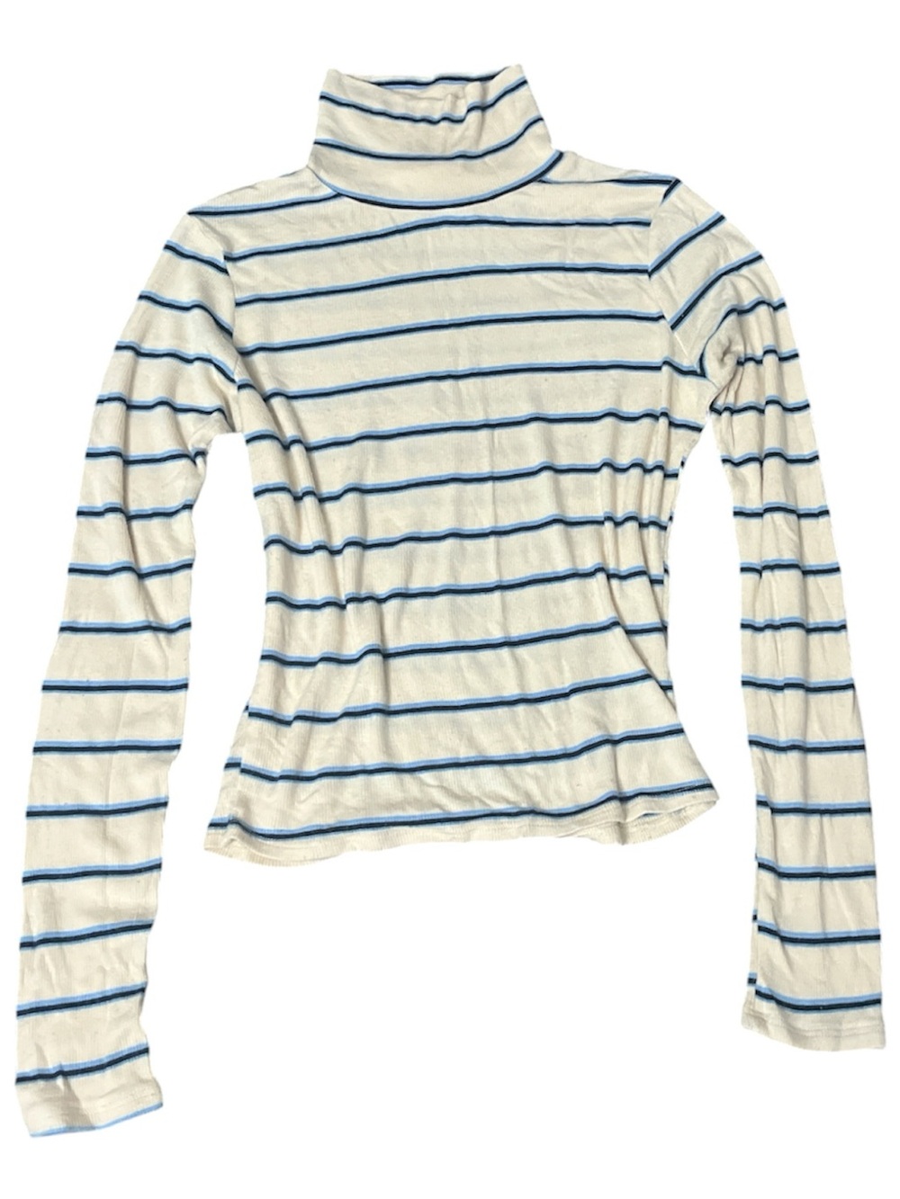 Women's Cream & Blue Striped Turtleneck Long Sleeve Top